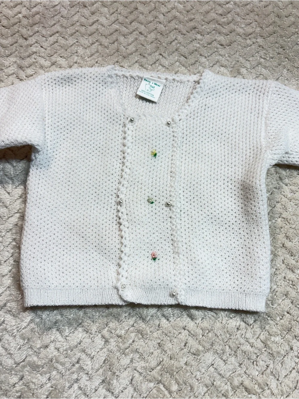 2 pc Baby Girl Outfit Set: 3M OshKosh Floral Overall Dress White Knit Cardigan